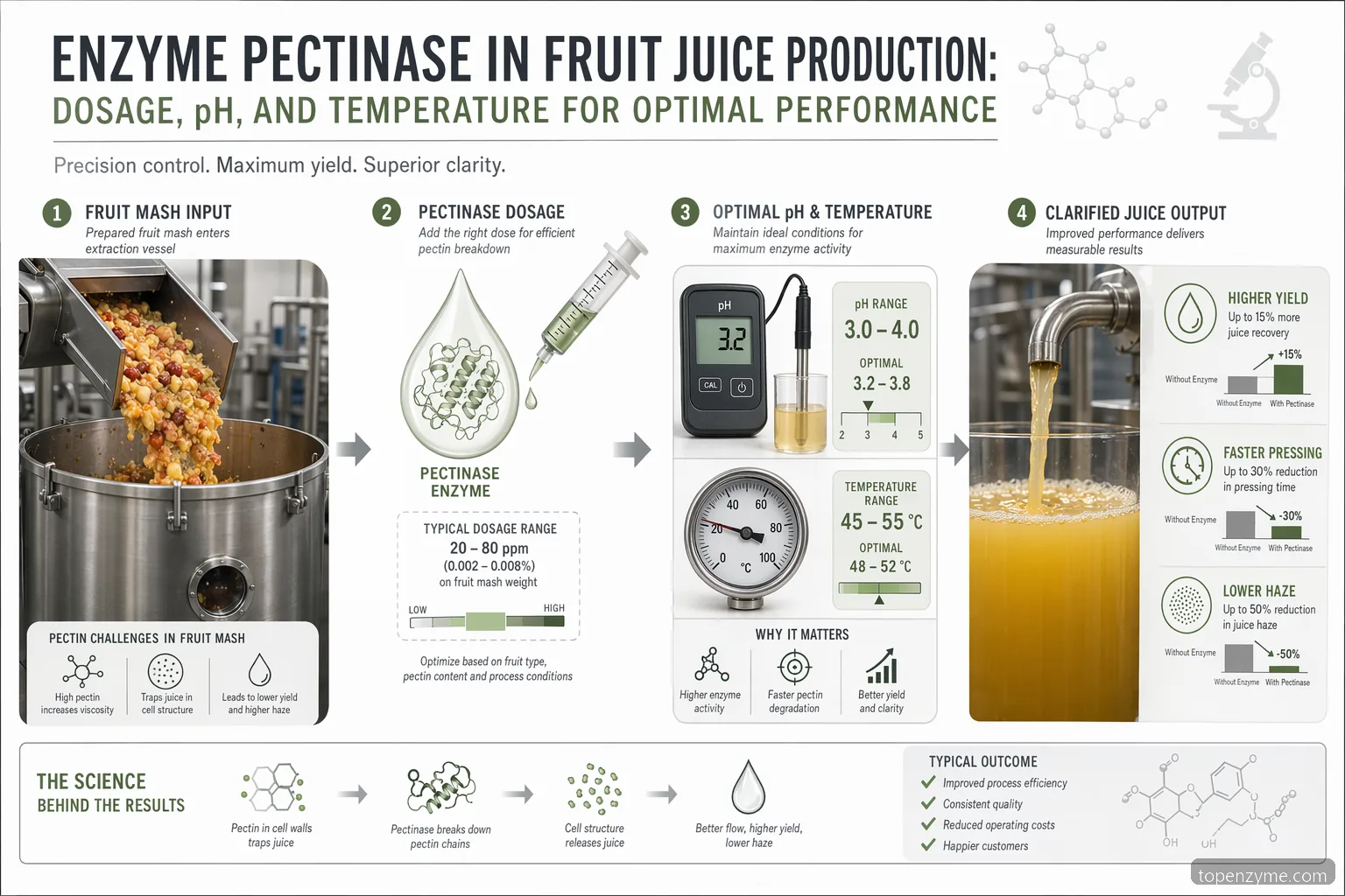 enzyme pectinase fruit juice production dosage, pH, and temperature infographic with yield, clarity, and filtration cues