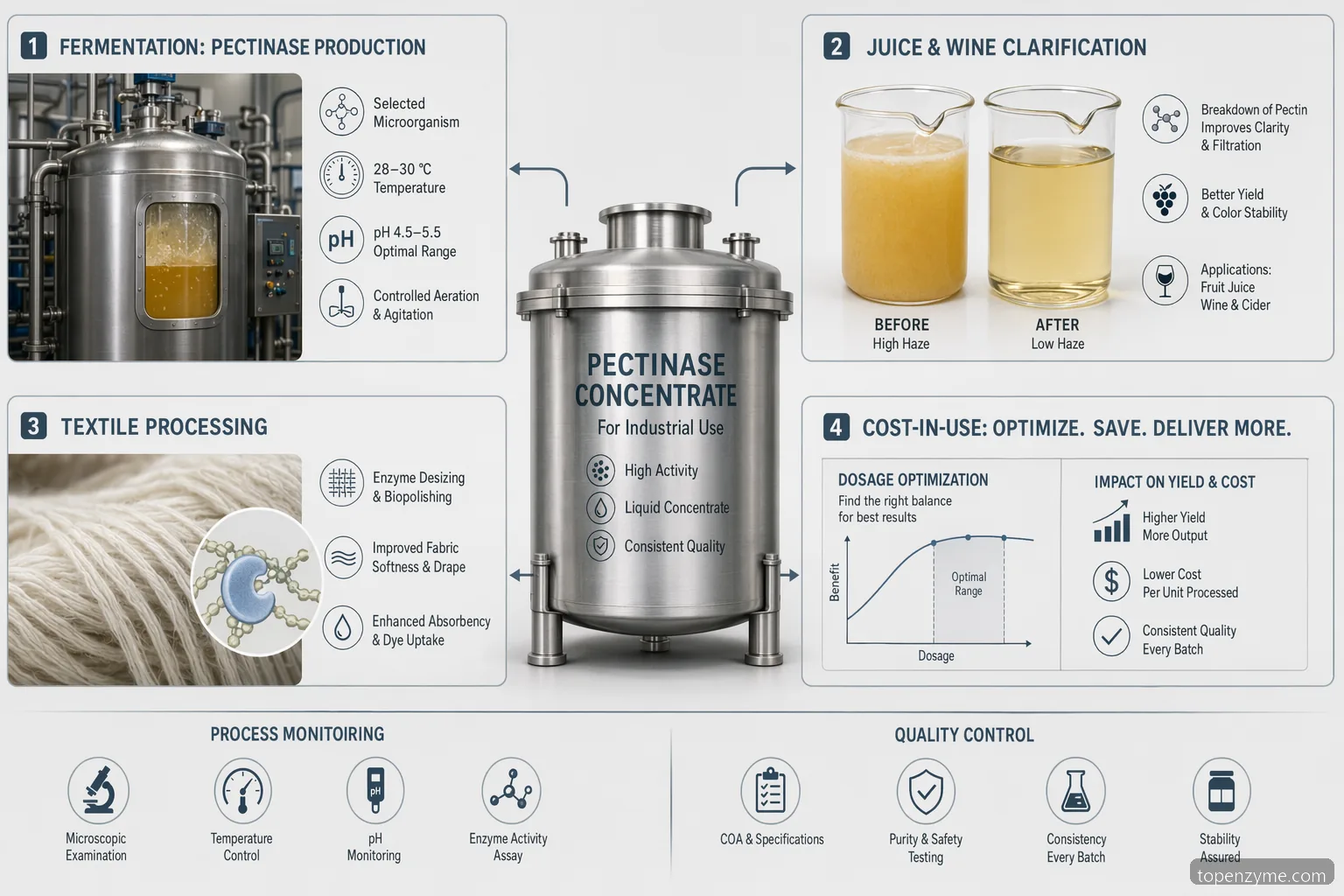 industrial production of pectinase page topic showing concentrate use, dosage, QC, and manufacturing applications
