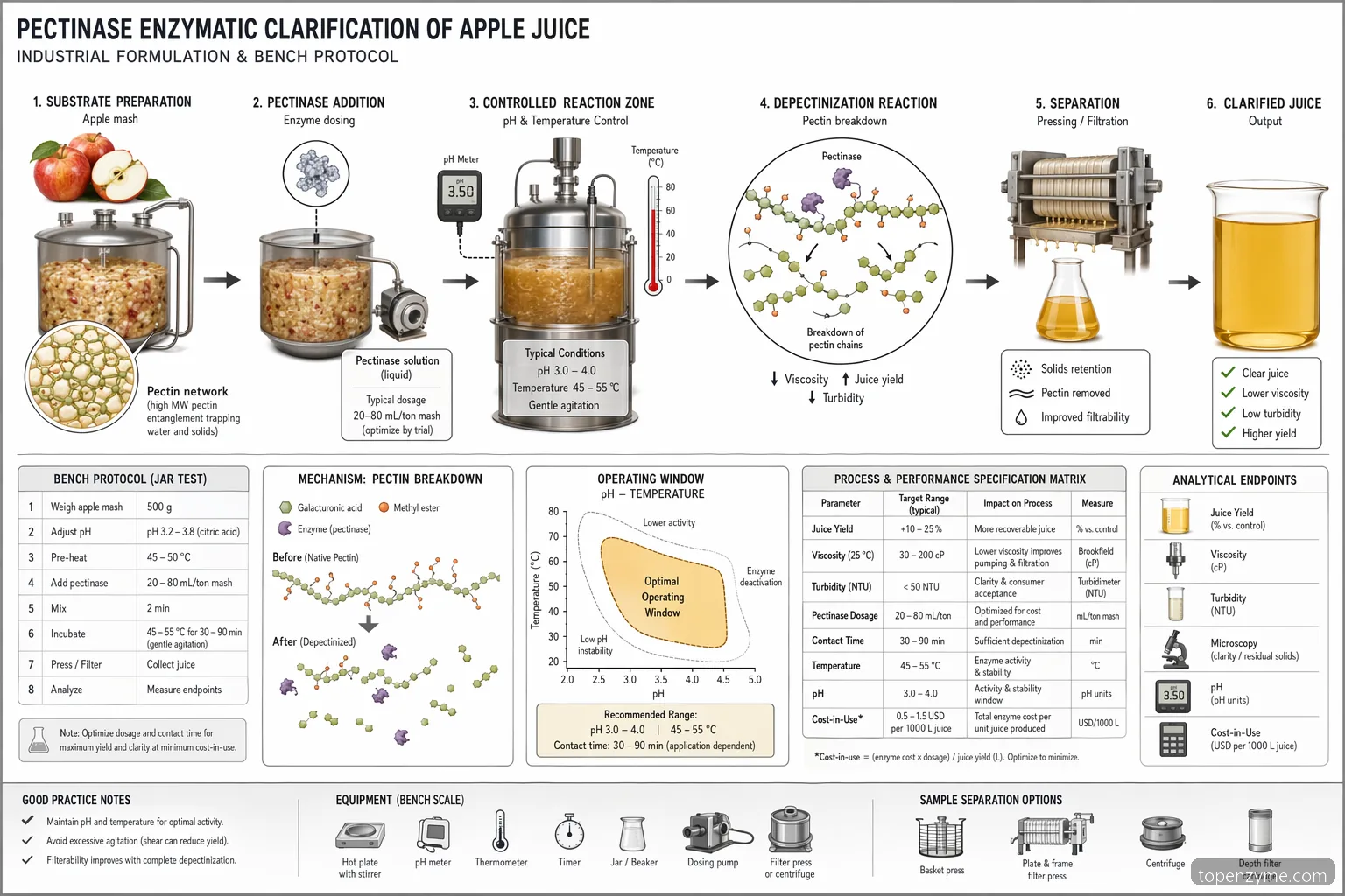 pectinase apple juice experiment process diagram showing apple mash enzyme dosing, depectinization, pressing, and analysis