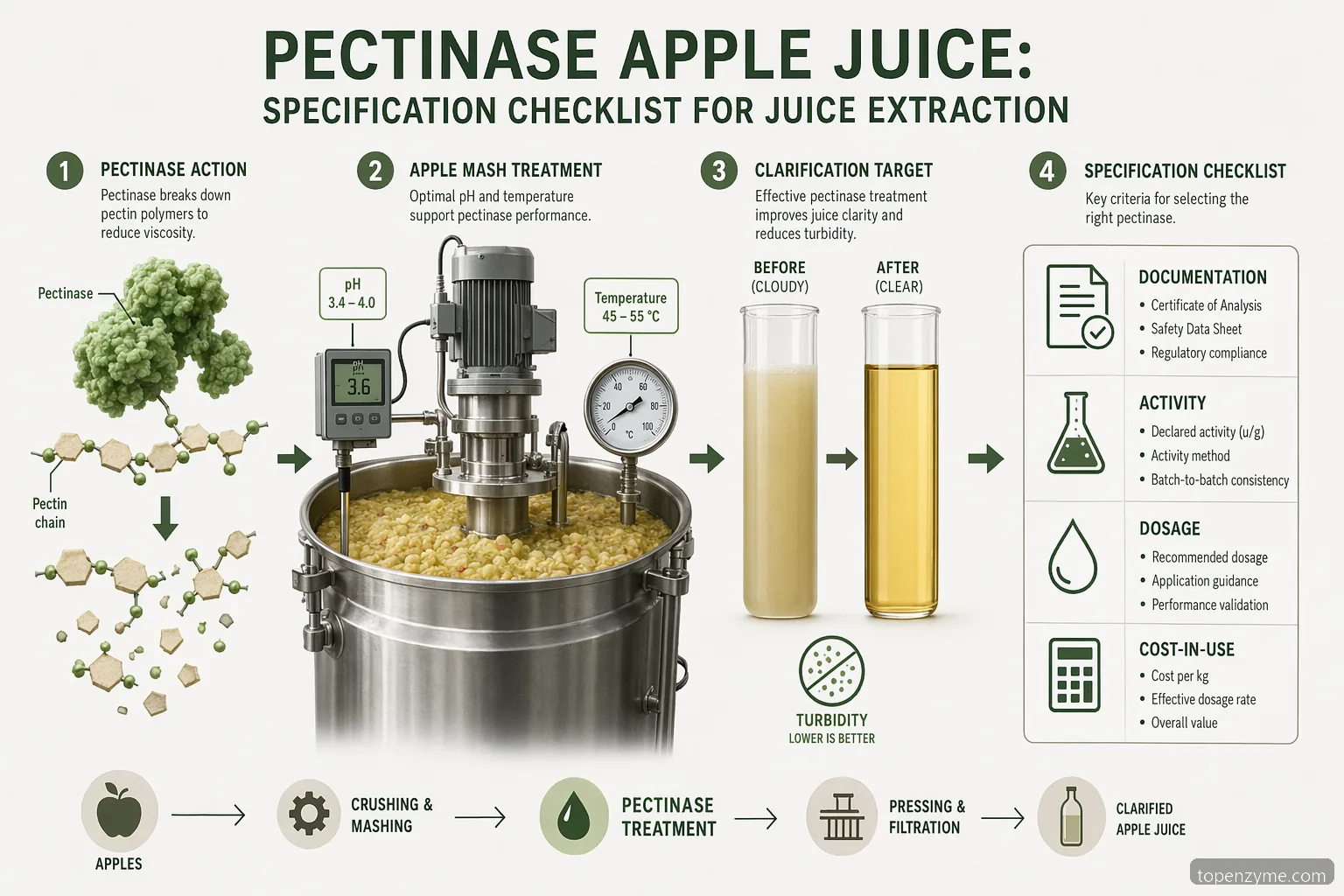 pectinase apple juice specification checklist showing enzyme fit, mash conditions, clarity targets, QC