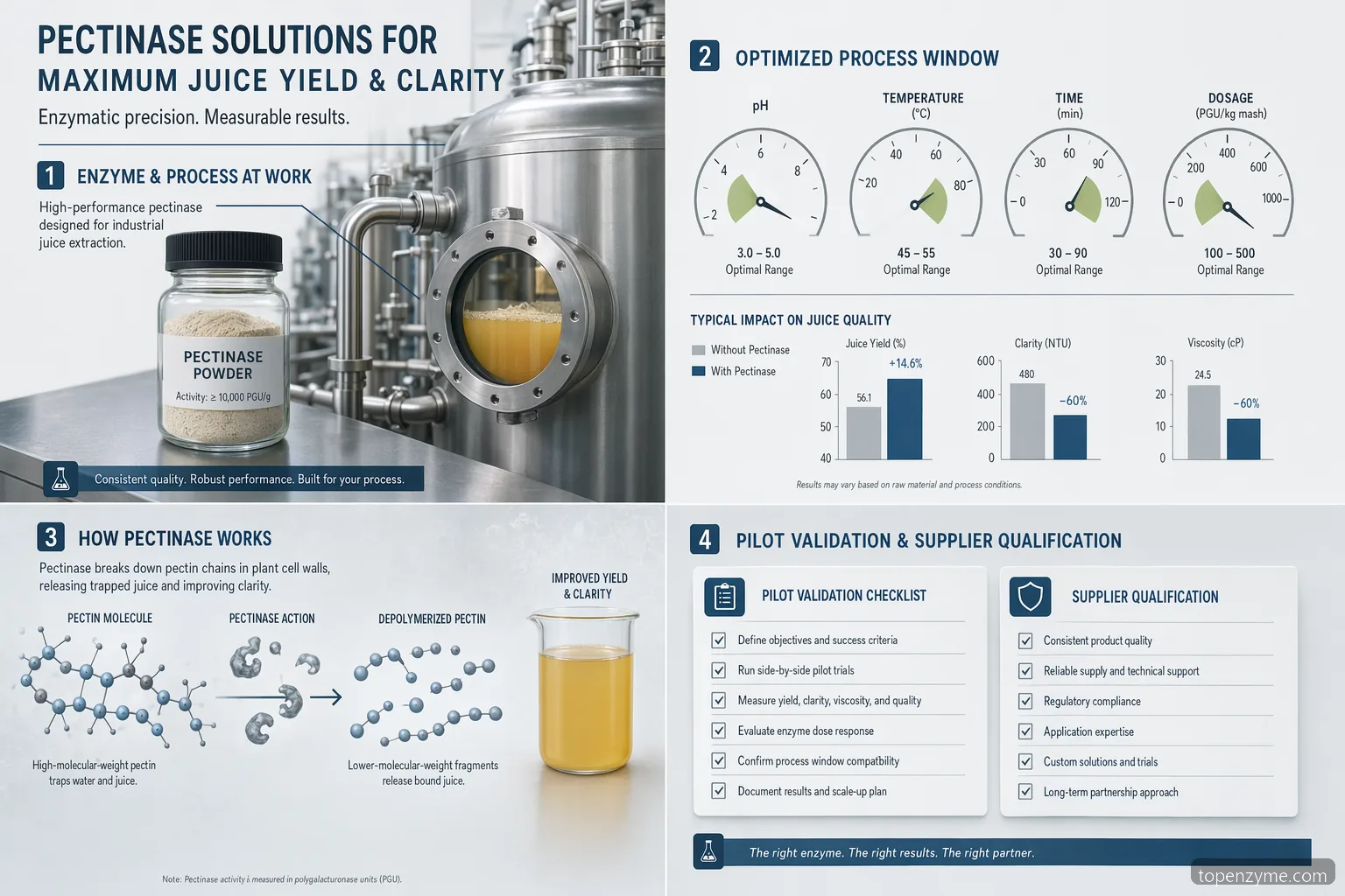 Pectinase powder specification checklist for juice extraction, showing process windows and supplier criteria