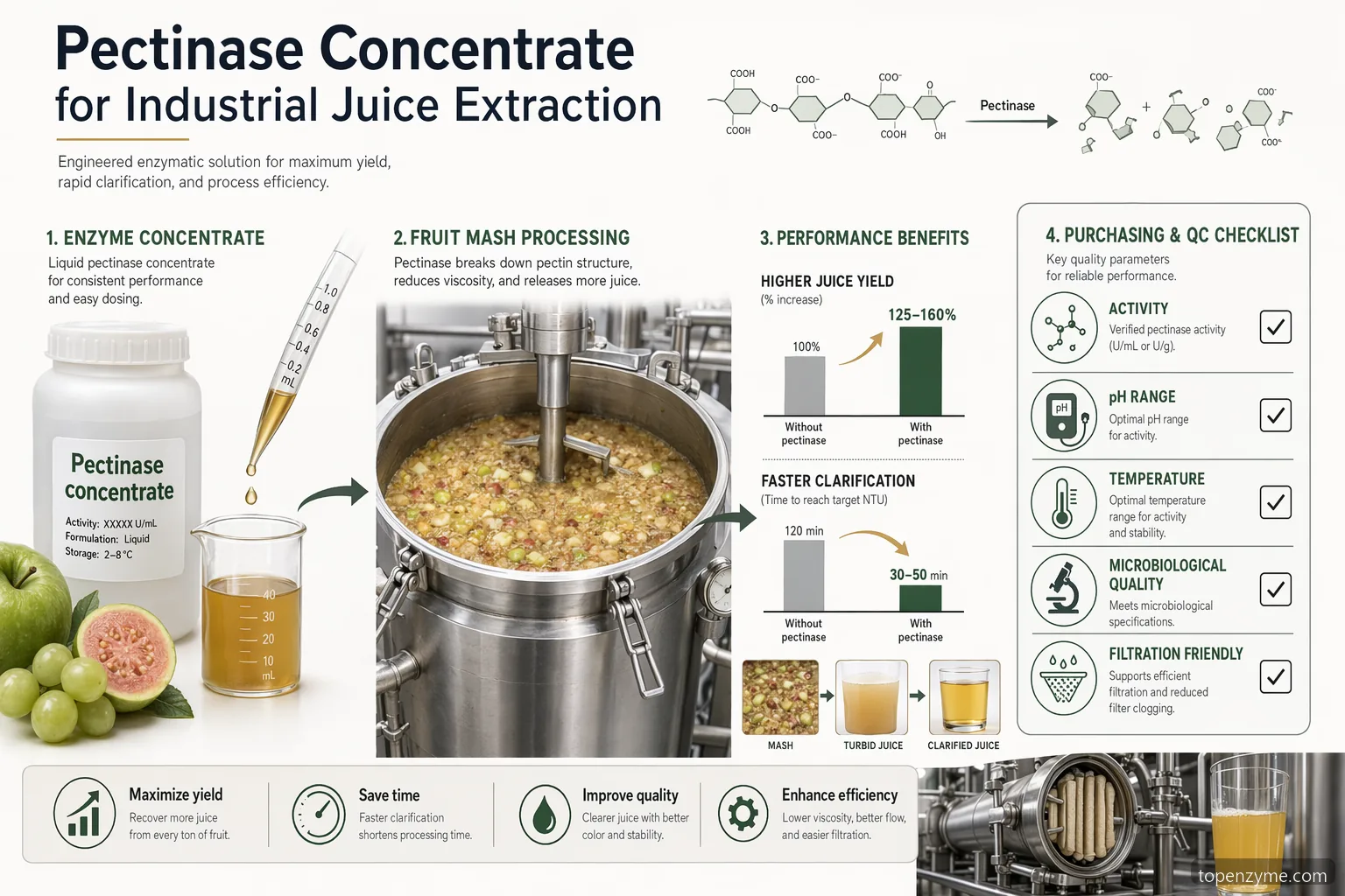 pectinase concentrate for industrial juice extraction infographic showing dosing, yield, clarification, and QC checks